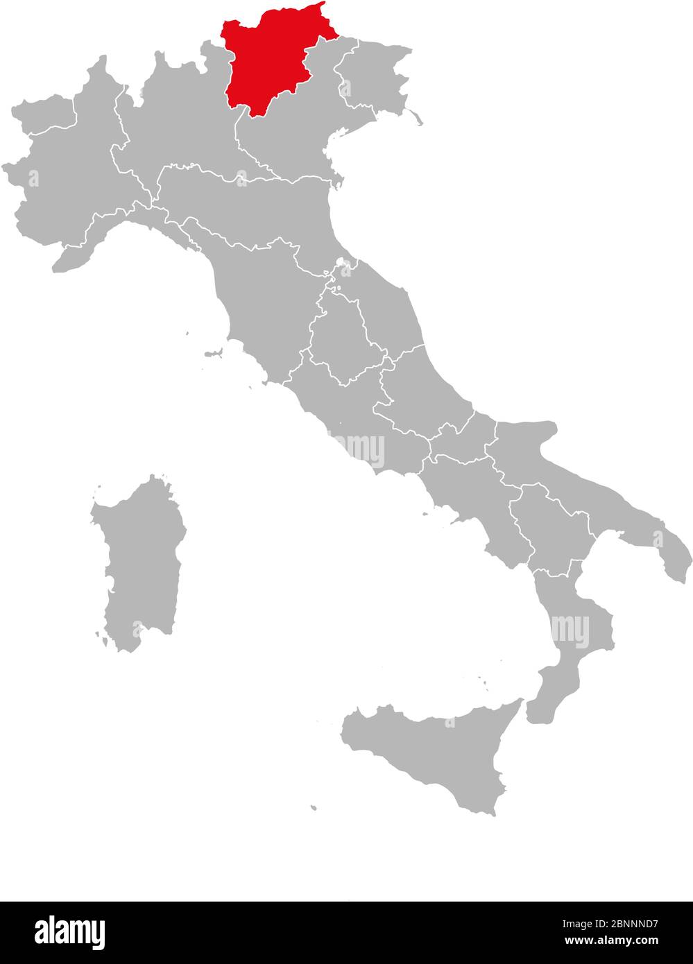 Trentino rot markiert auf italien Karte. Grauer Hintergrund. Politische Landkarte Italiens. Stock Vektor