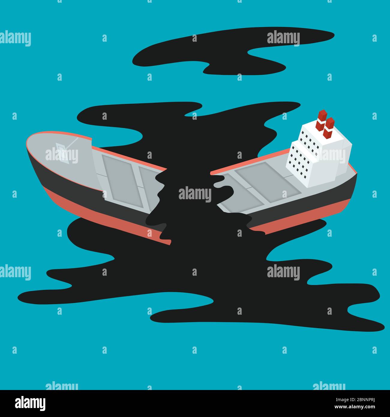 Zerstörtes Öltankschiff. Ölpest im Ozean. Ölleckage ökologische Problem, Verschmutzung Umwelt Konzept. Isometrische Abbildung Stockfoto
