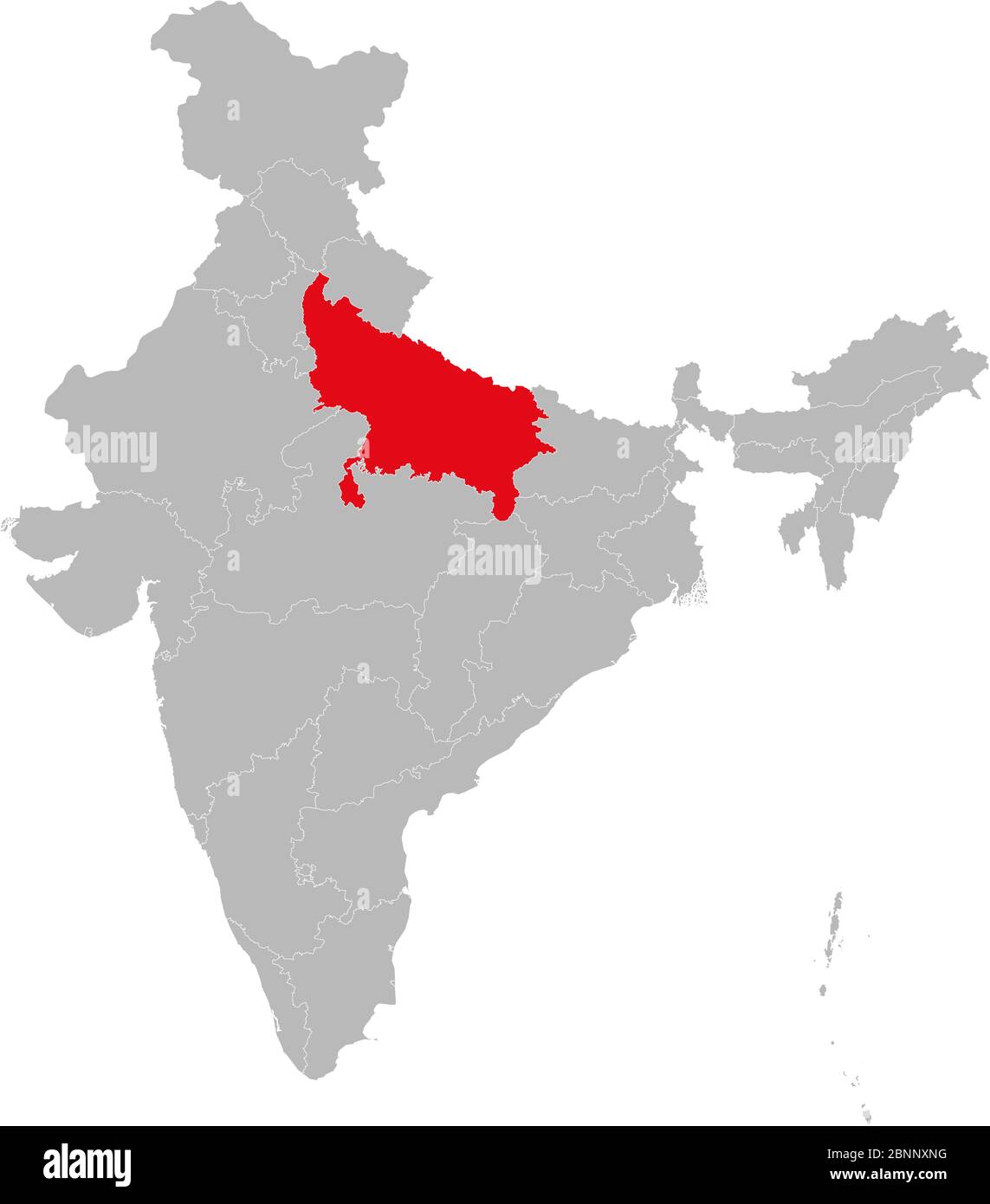 Uttar pradesh Zustand markiert rot auf indischen Kartenvektor. Hellgrauer Hintergrund. Perfekt für Geschäftskonzepte, Hintergrund, Hintergründe, Label, Aufkleber, Zeichen Stock Vektor