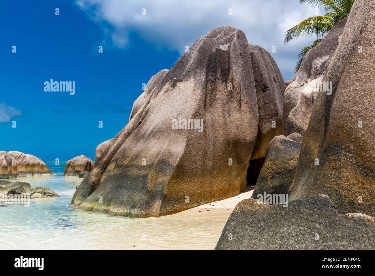 Granitfelsen am Strand von Anse Source d'Argent, La Digue Island, Seychellen, Indischer Ozean, Afrika Stockfoto