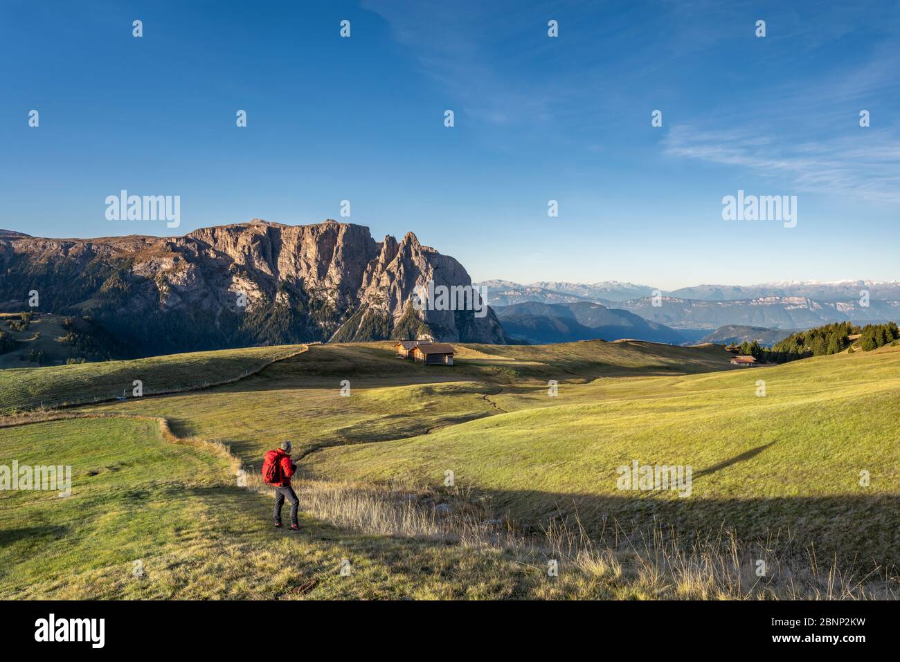 Seiser Alm, Kastelruth, Südtirol, Bozen, Italien, Europa. Sonnenaufgang auf dem Puflatsch oberhalb der Seiser Alm mit Blick auf den Schlern Stockfoto
