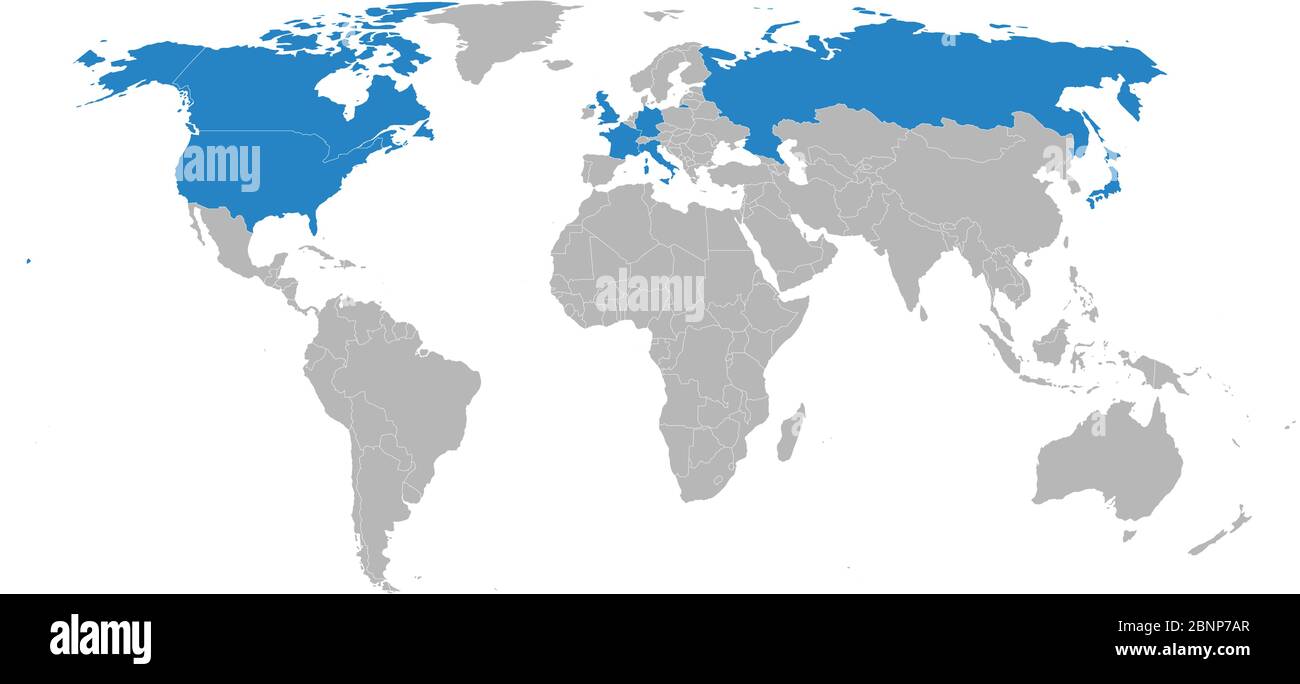 Die geographische Karte der G8-Mitgliedsländer ist blau auf der Weltkarte markiert. Perfekt für Hintergrund, Hintergrund, Chart, Geschäftskonzepte, Label, Aufkleber, Poster Stock Vektor