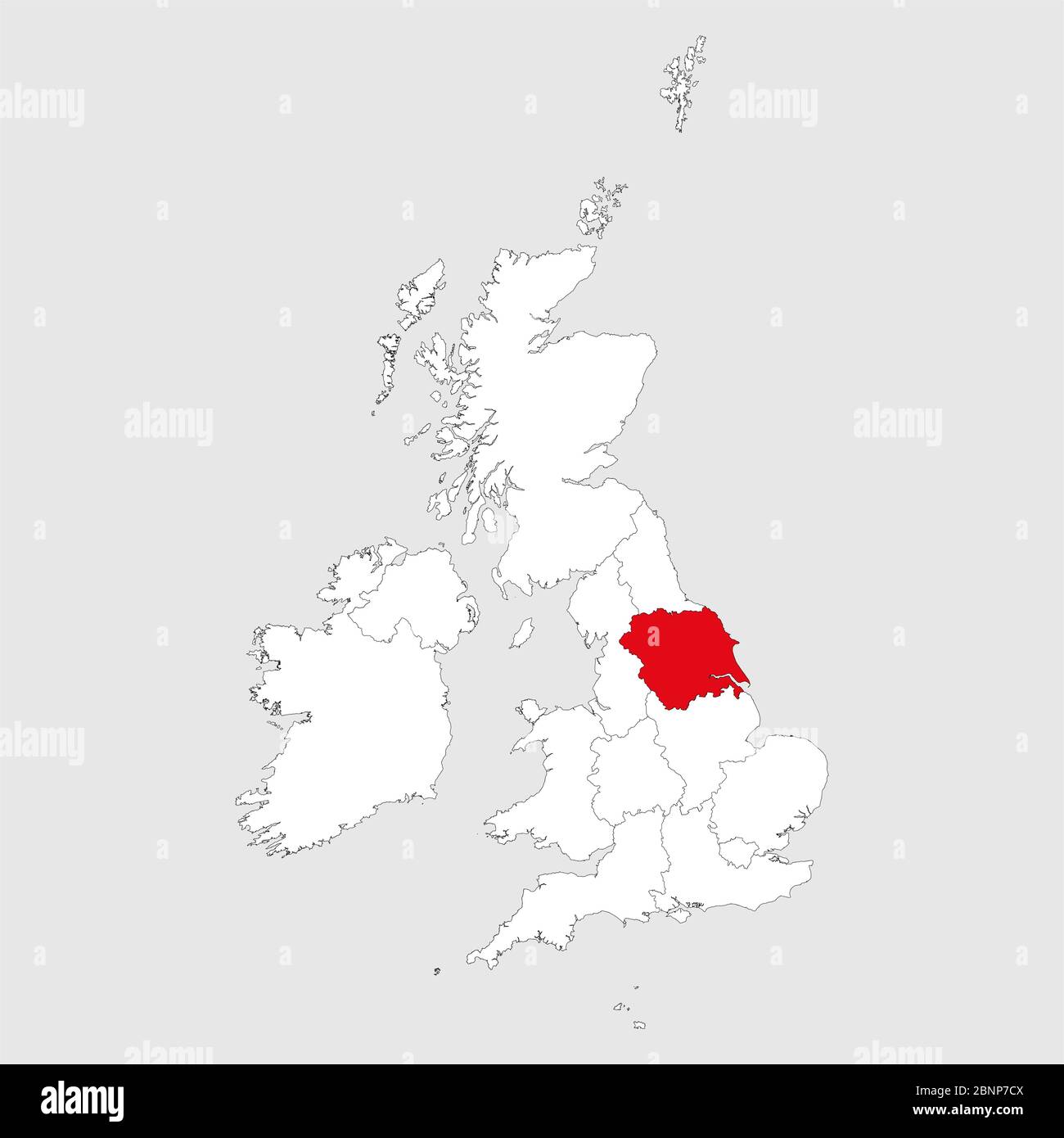 Yorkshire und der humber auf der karte des vereinigten Königreichs markiert. Hellgrauer Hintergrund. Stock Vektor