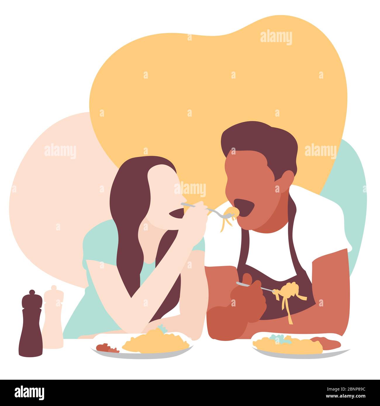 Liebhaber essen Pasta auf dem Fest der Liebe. Vektorgrafik. Stockfoto