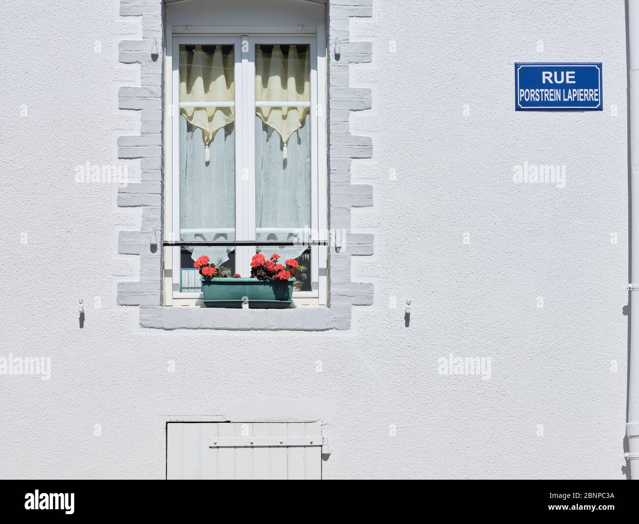 Detailansicht einer Fassade mit Blumenkasten mit Geranien am Fenster in Brest in der Bretagne. Stockfoto