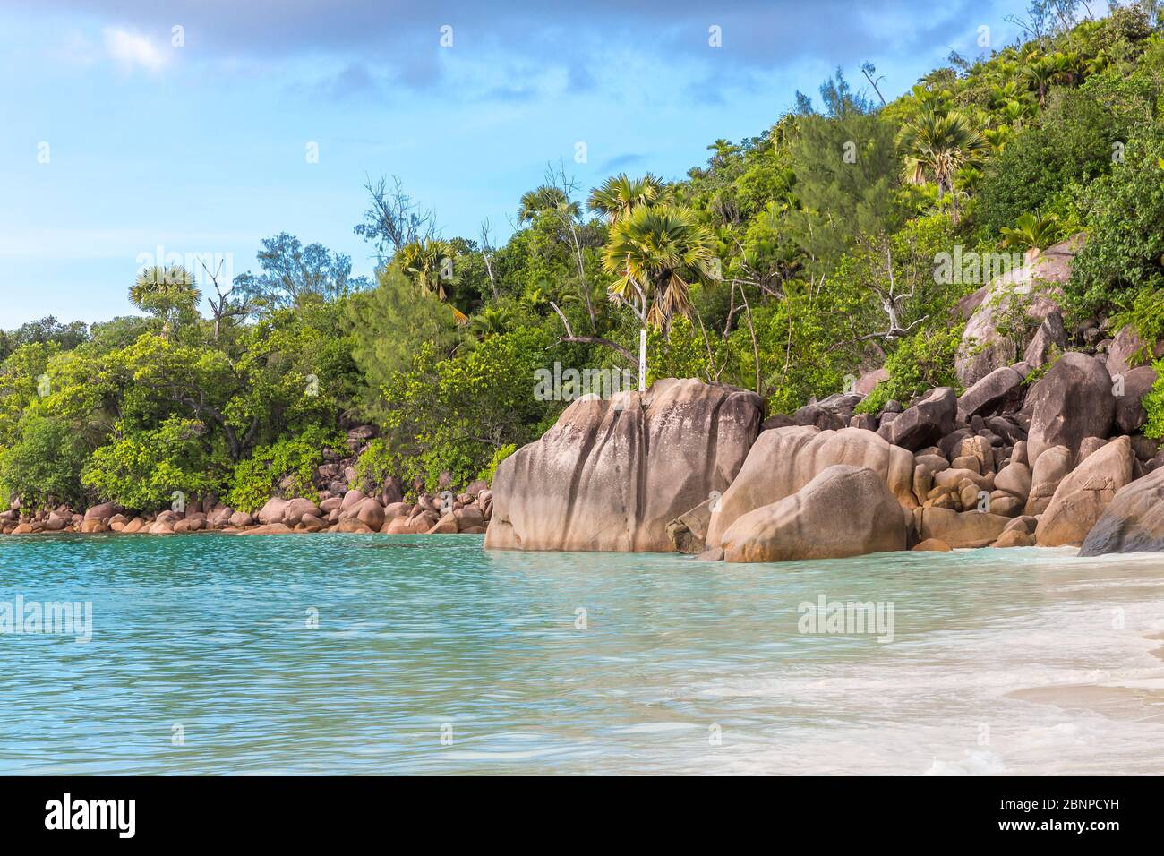 Granitfelsen und tropische Vegetation am Strand von Anse Lazio, auf der Insel Praslin, auf den Seychellen, Stockfoto