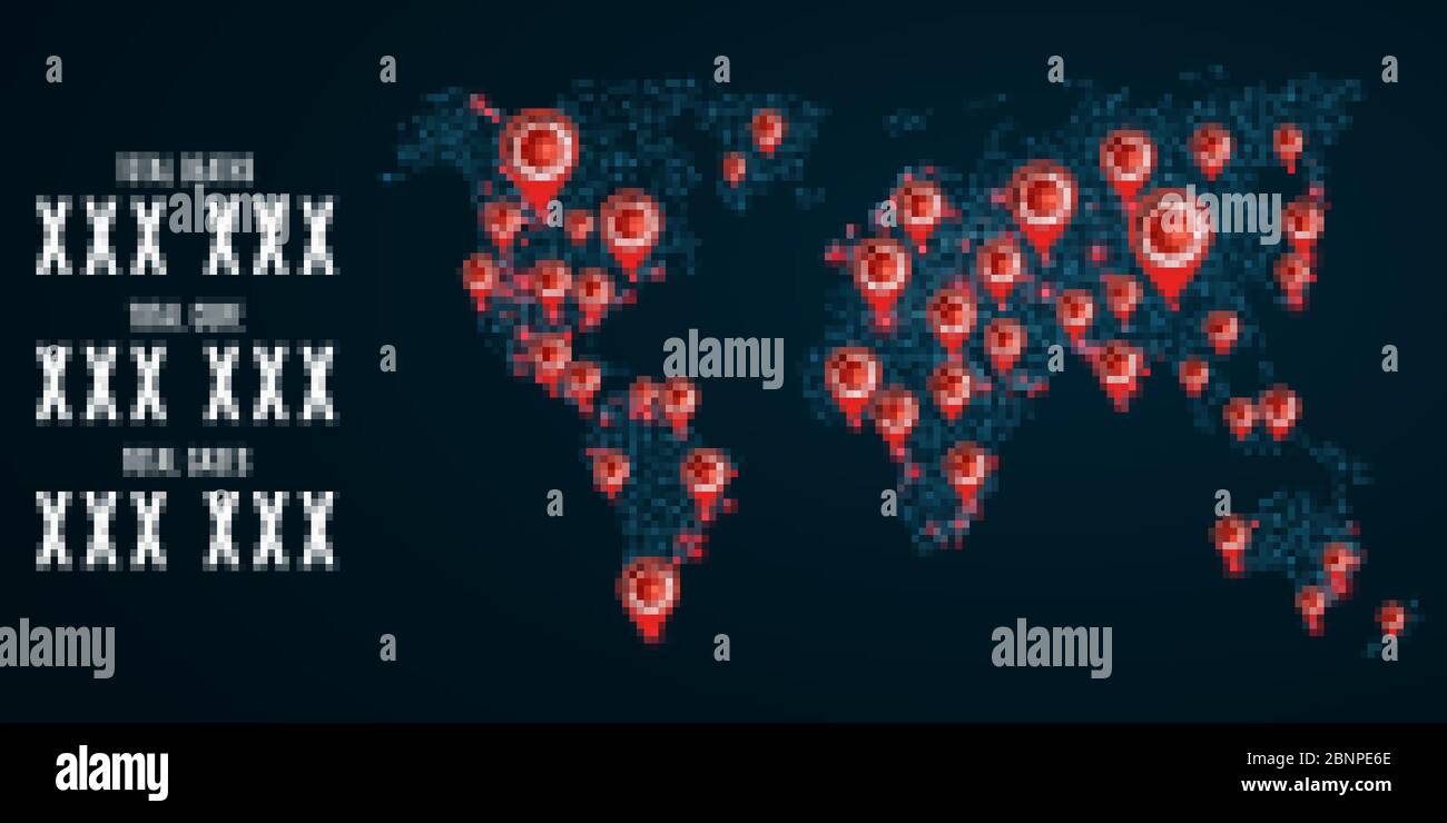 Weltstatistiken über Covid 19 Infektion auf einer futuristischen Weltkarte. Marker mit dem Virus. Wissenschaftlicher Hintergrund. Vektorgrafik. EPS 10 Stock Vektor