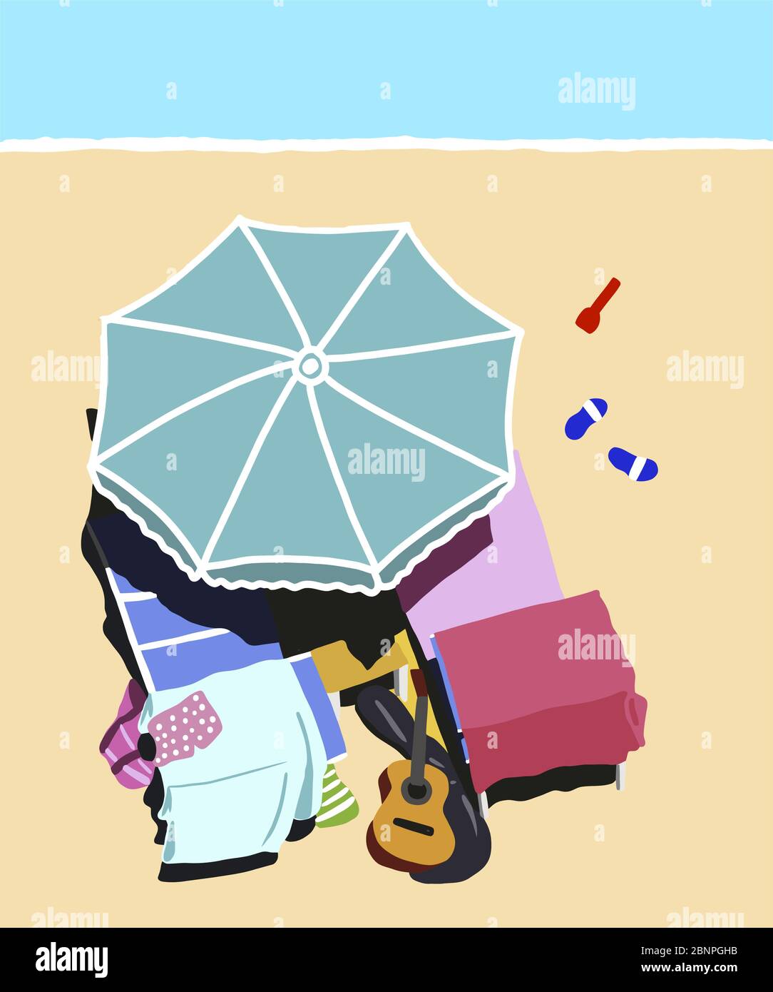 Vektor Illustration: An einem sonnigen Sommertag von oben auf den Strand schauen. Stock Vektor