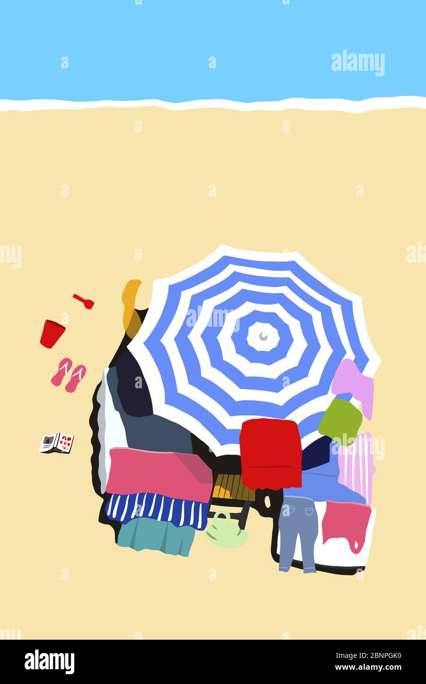 Vektor Illustration: An einem sonnigen Sommertag von oben auf den Strand schauen. Stock Vektor