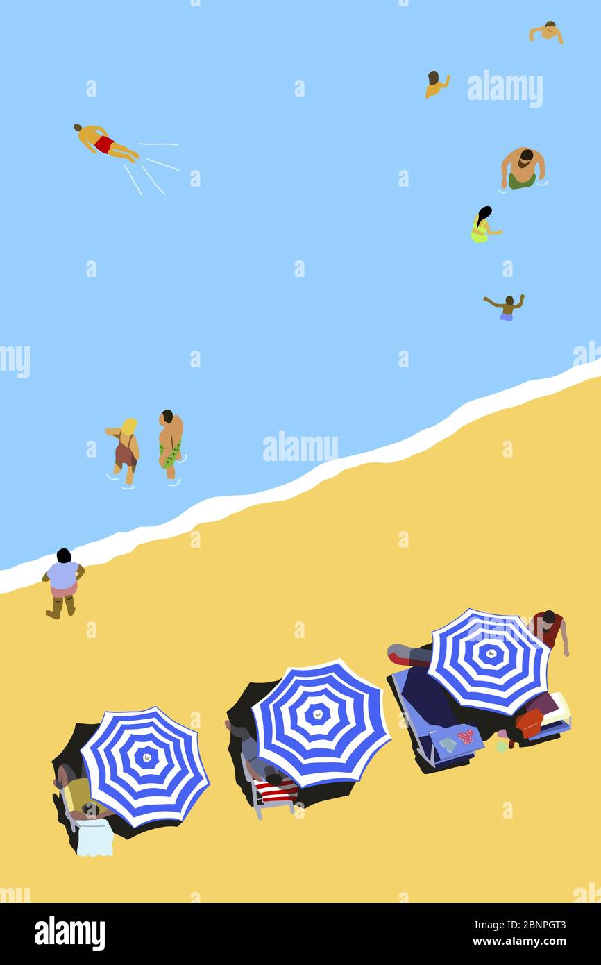 Vektor Illustration: An einem sonnigen Sommertag von oben auf den Strand schauen. Stock Vektor