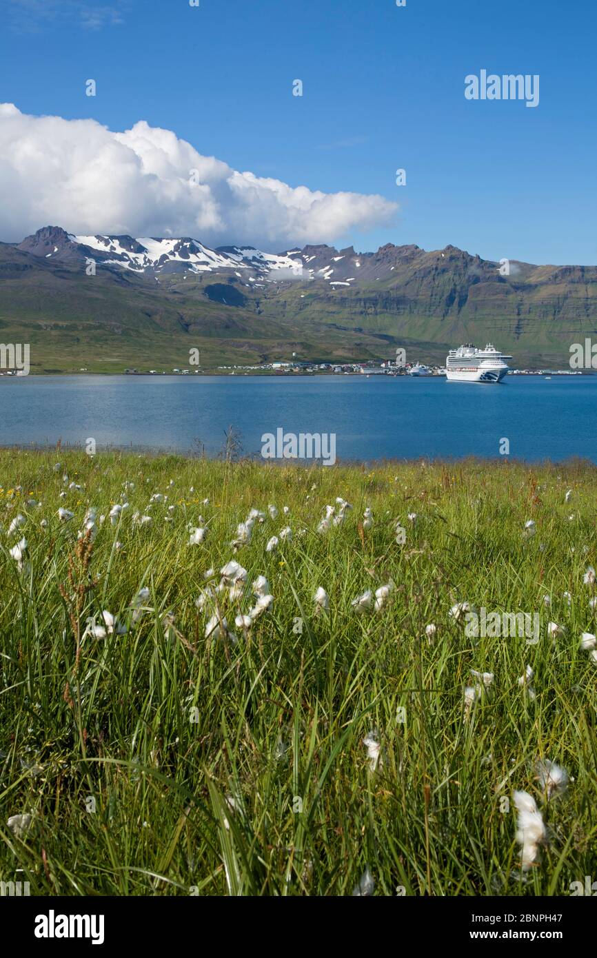 Blick über die Grundarfjoerdur Bucht und Snaefellsnes zu den schneebedeckten Bergen des Kvernarfjall. In der Bucht befindet sich das Kreuzfahrtschiff 'Saphire Princess' am Fahrgestell. Stockfoto