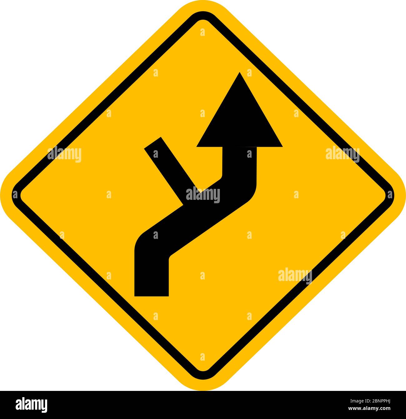 Seitenstraße Umkehrkurve Verkehrszeichen Vektor. Gelbes Diamantbrett. Perfekt für Hintergründe, Hintergrund, Aufkleber, Schild, Symbol, Etikett, Poster, Banner, Nein Stock Vektor