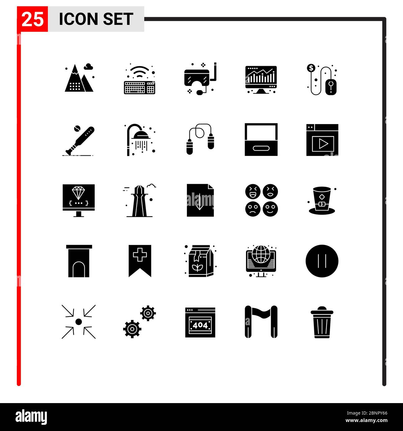 Modernes Set von 25 Solid Glyphen und Symbole wie Dollar, Wirtschaft, Brille, Karte, Schnorchel editierbare Vektor Design-Elemente Stock Vektor