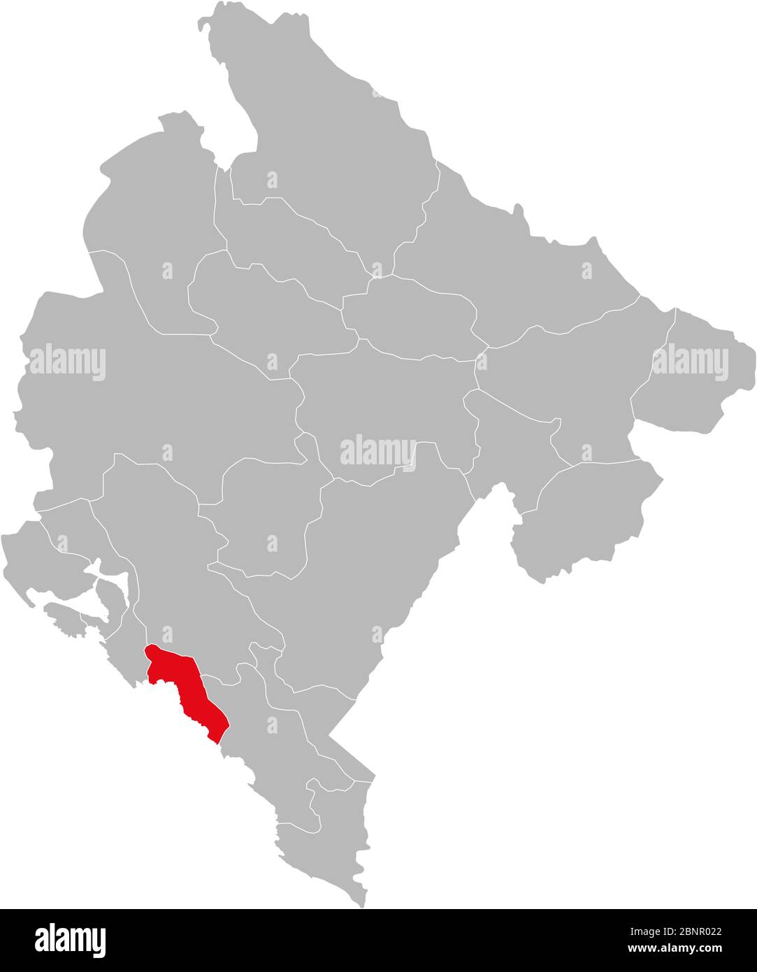 Budva Provinz auf montenegro Karte hervorgehoben. Grauer Hintergrund. Stock Vektor