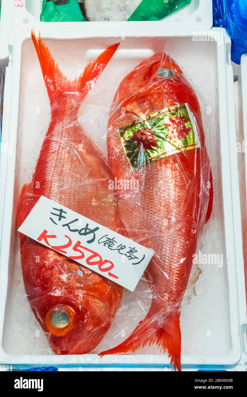 Japan, Honshu, Tokio, Tsukiji, Tsukiji Outer Market, Seafood Shop Display of Fresh Fish Stockfoto