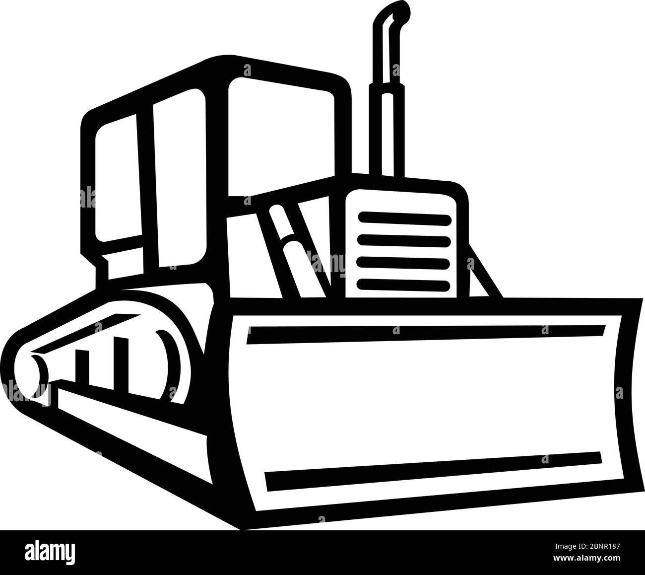 Icon Retro-Stil Illustration von Vintage Bulldozer, Bagger oder Bau schwere Ausrüstung von vorne in Schwarz und Weiß auf isolierten Rücken gesehen Stock Vektor