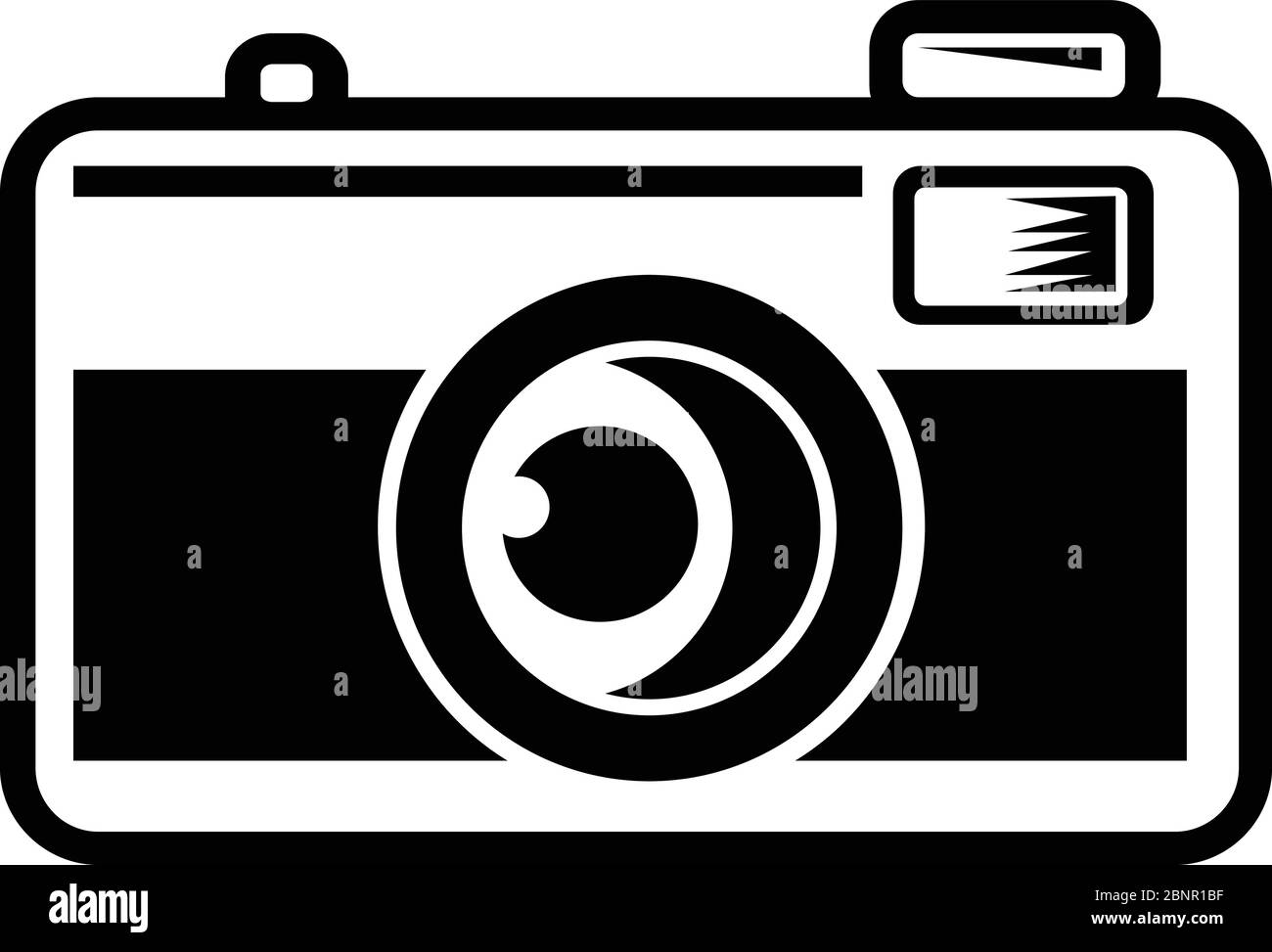 Retro Schwarz-Weiß-Stil Illustration von Vintage-35-mm-Filmkamera von vorne auf isoliertem Hintergrund gesehen. Stock Vektor