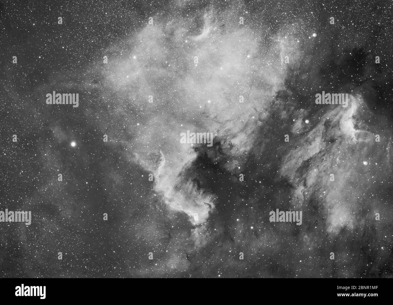 Hochauflösende Schmalbandaufnahme des Nordamerikannebels NGC 7000, Caldwell 20 und des Pelikannebels, Fernrohransicht. Stockfoto