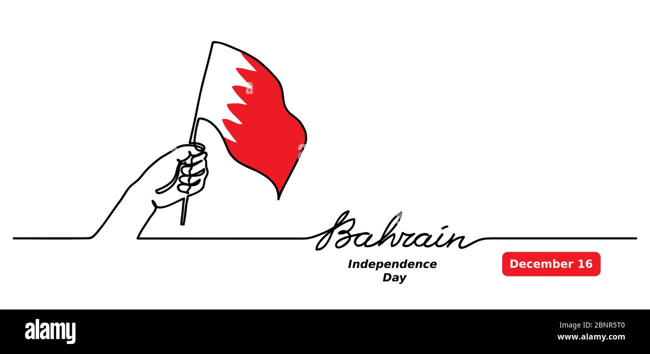 Bahrain Independence Day Vektor-Flagge Hintergrund, Poster, Web-Banner. Ein durchgehendes Linienzeichnungskonzept mit Hand, Bahrain-Flagge, Schriftzug Stock Vektor