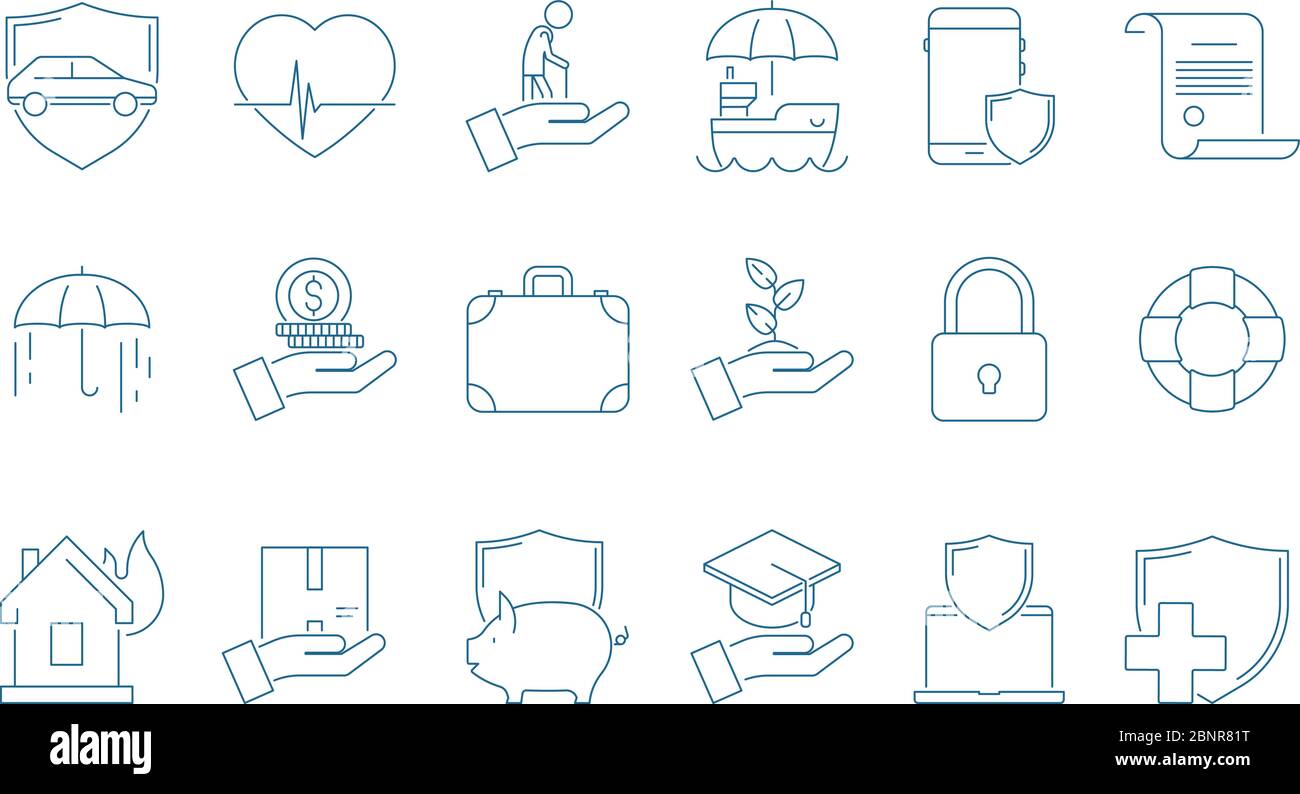 Schutzsymbole. Haus Autos Leben Geschäft und Geld Versicherung Medizin fürsorgliche Menschen Linie dünne Vektor-Bilder Stock Vektor