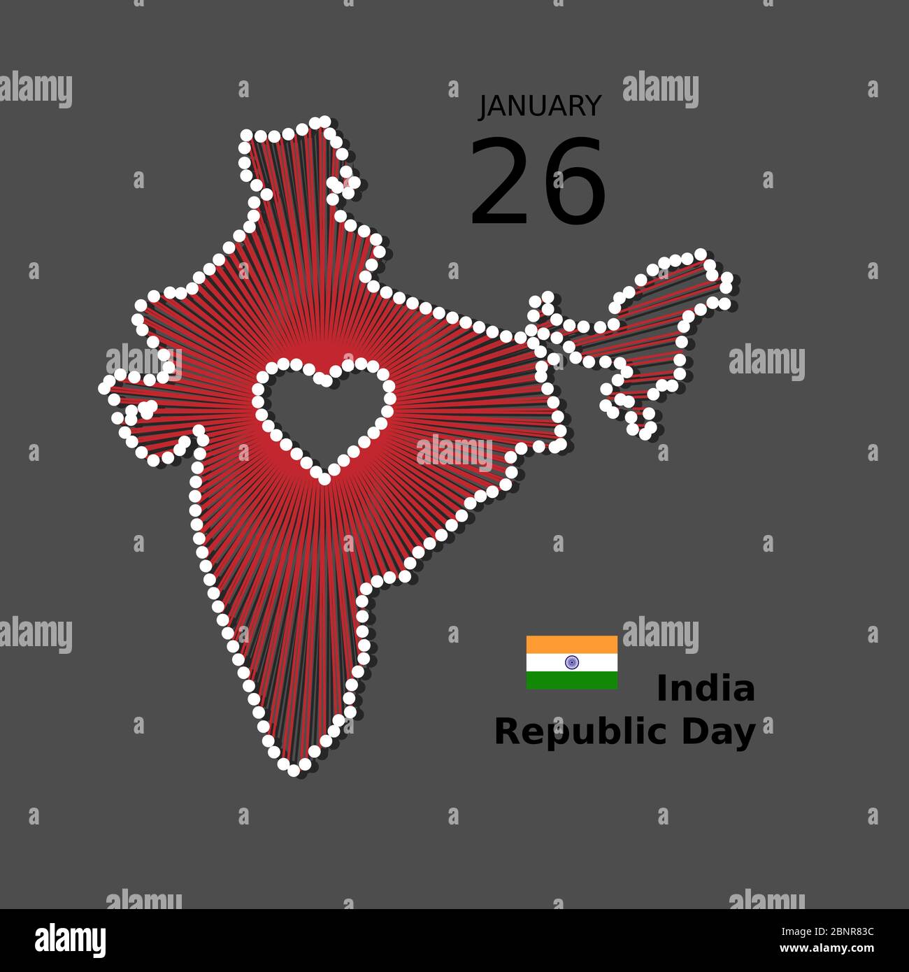 Indien Happy Republic Day Vektor-Poster, Hintergrund, Banner. Patriotische Darstellung der Einheit Indiens mit Karte, Flagge, Herz Stock Vektor