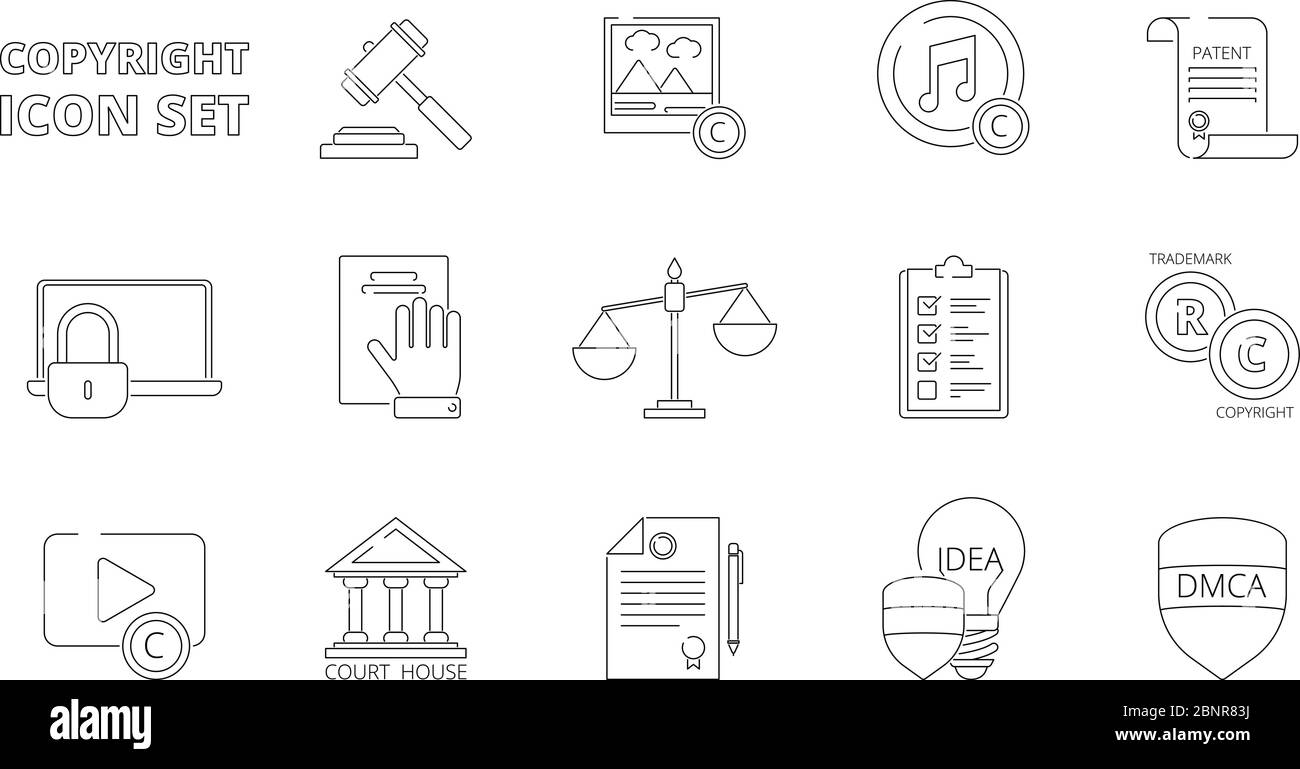 Symbole für geistiges Eigentum. Copyright Rechtspolitik Regelungen Unabhängigkeit Individualität Rechte Patent Eigentum Vektor Linie Symbole Stock Vektor
