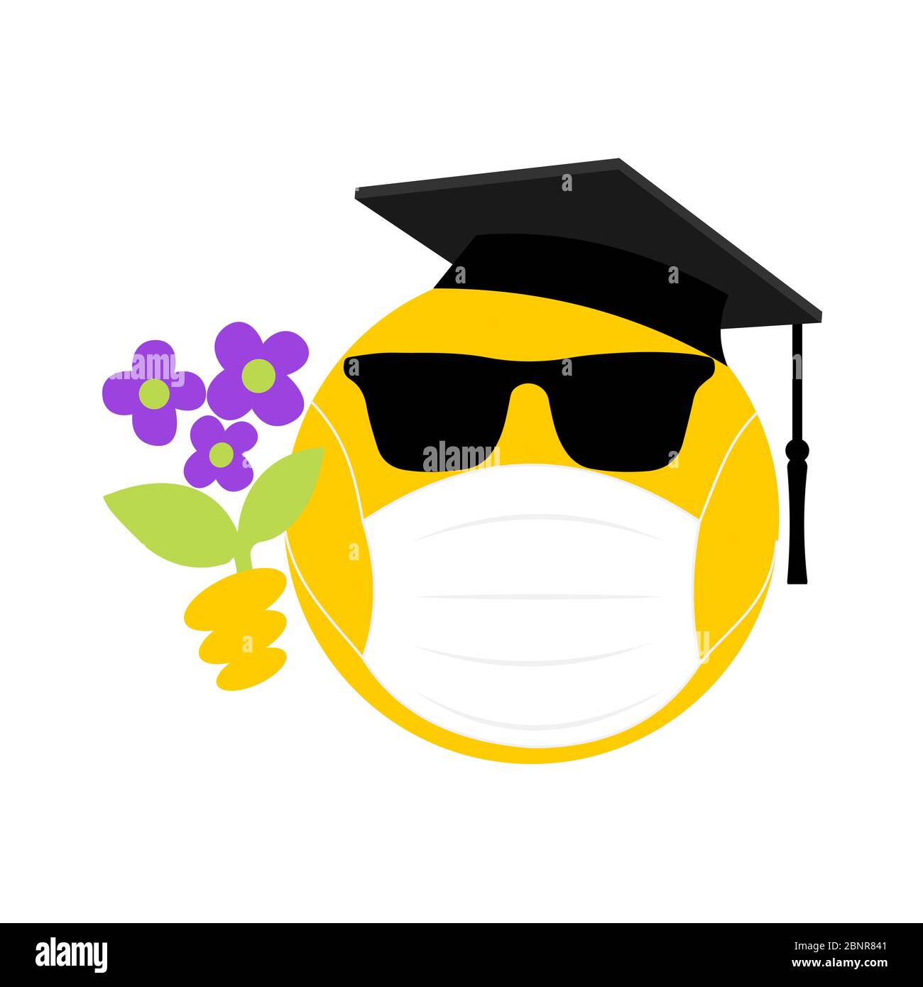 Coole Graduation Emoji mit Sonnenbrille, Gesichtsmaske und Blumen. Coronavirus, Covid 19, soziale Distanzierung, Emoji. Jugendkonzept des Coronavirus. Stockfoto