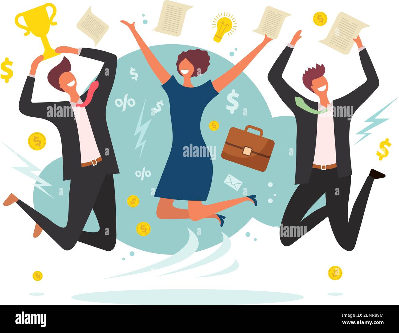 Business Victory Konzept. Gewinnen springen glücklich Völker männlichen und weiblichen Team Platz Vektor flache Zeichen Hintergrund Stock Vektor