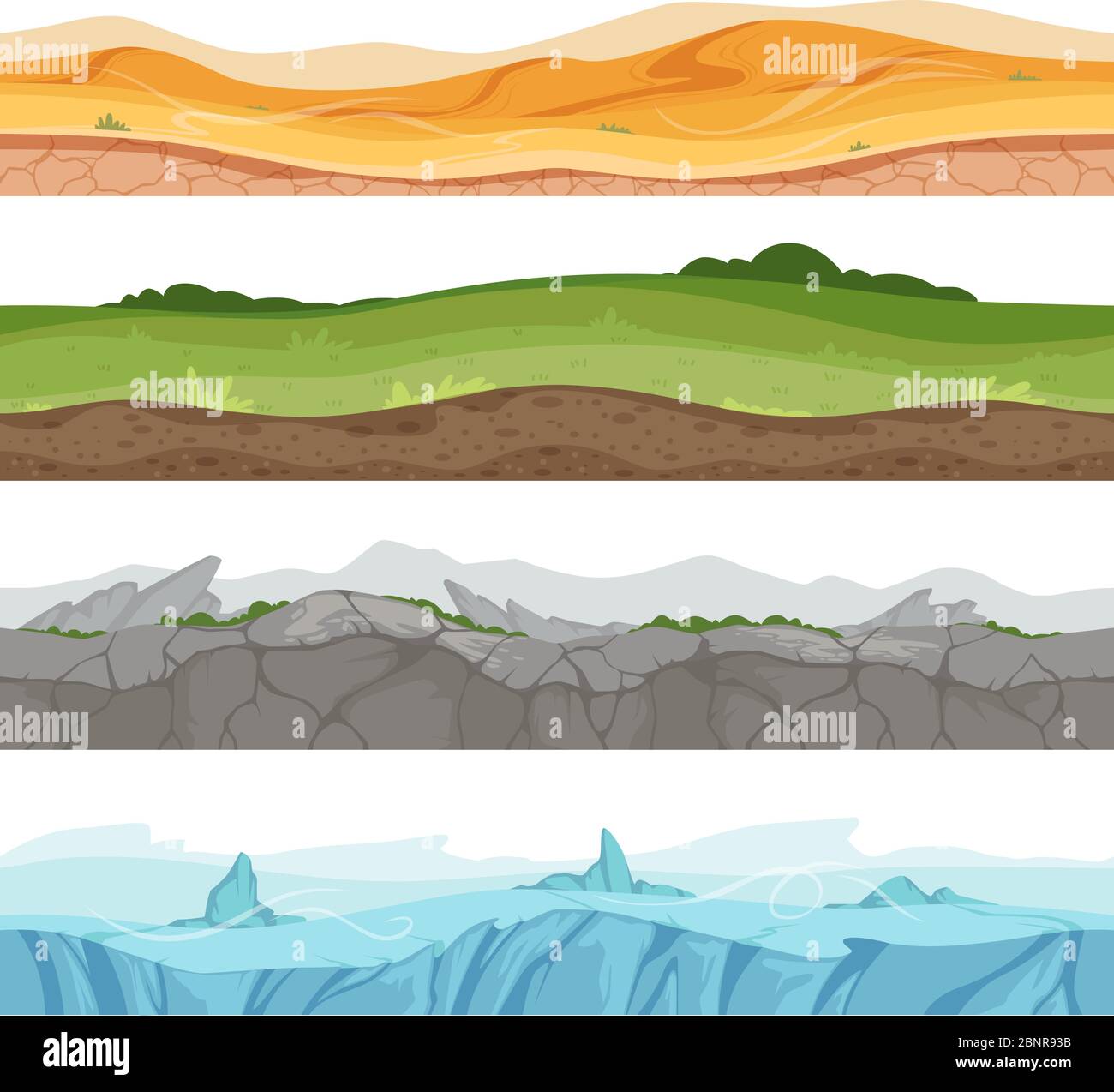 Nahtlose geerdete Oberfläche. Parallax Wüste Sand Gras Wasser Boden Vektor-Umgebung für 2d-Cartoon-Spiele Stock Vektor