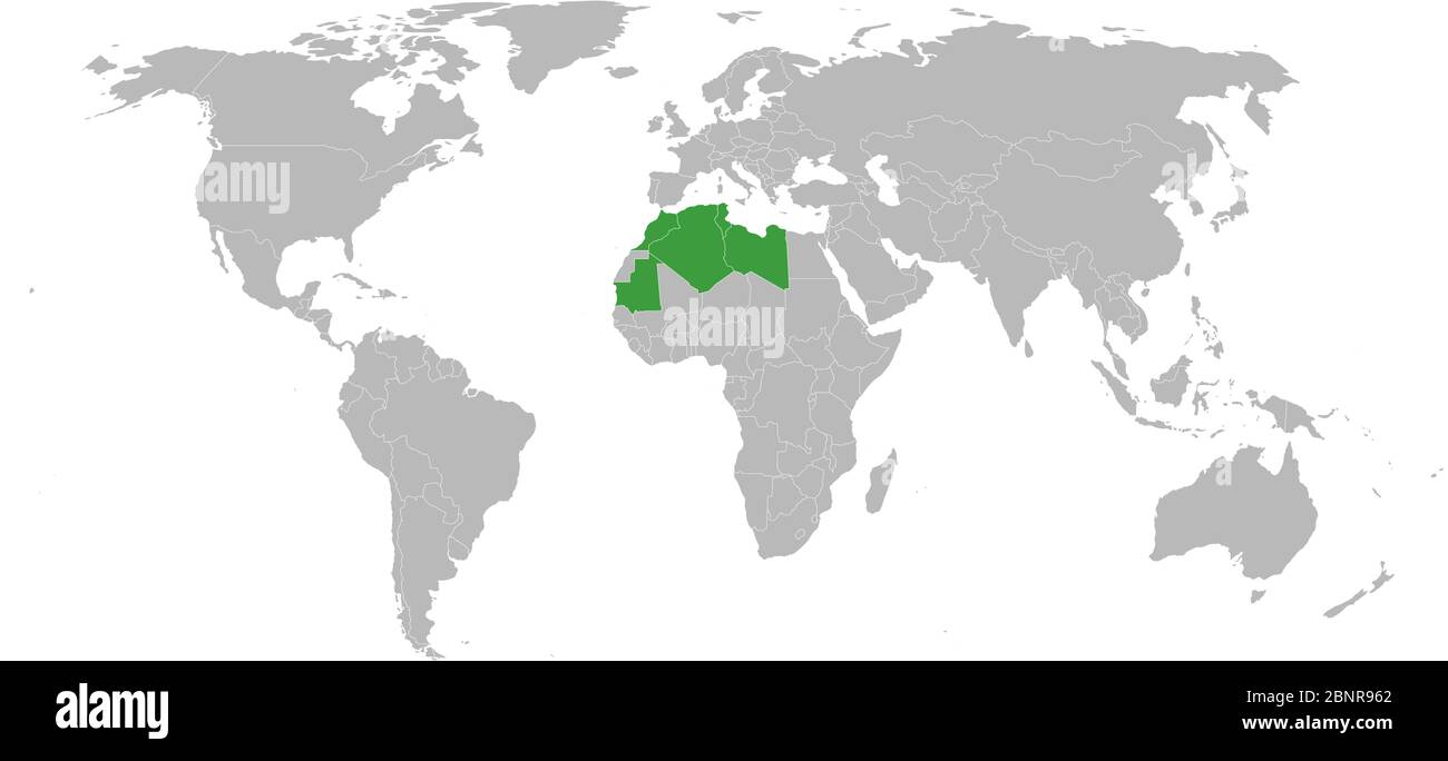 Arabische Maghreb Union Länder auf der Weltkarte hervorgehoben. Wirtschaftlich und politisch in Nordafrika. Stock Vektor