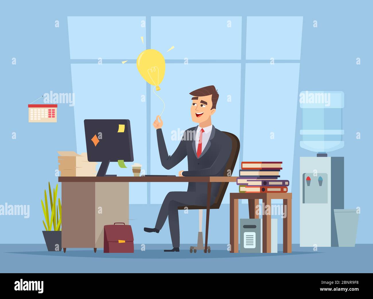 Suche nach Geschäftsidee. Office Manager haben intelligente Geist Glühbirne Startup-Konzept des Erfolgs glückliche Arbeit Vektor Charakter Cartoon-Stil Stock Vektor