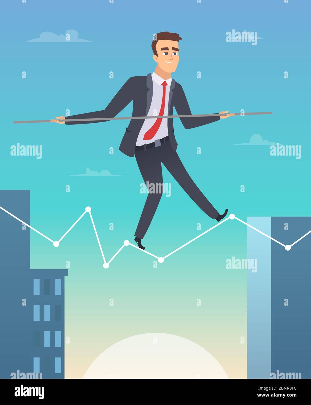 Geschäftsmann balanciert. Konzept Bild von glücklichen Arbeiter Manager gehen zum Erfolg persönliche Herausforderungen Vektor Cartoon Illustration Stock Vektor
