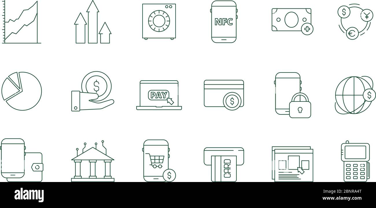 Symbol für Online-Transaktion. Internet-Banking Sicherheit Geld Web-Transfer und Zahlungen Finanzen Vektor-Linie Symbole gesetzt Stock Vektor