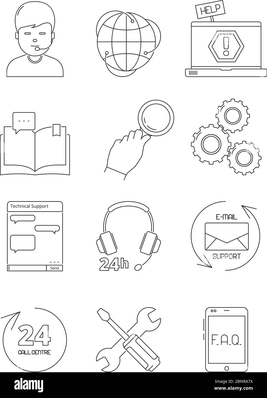 Symbole für den Online-Support. Call Center Admin Computer-Chat 24h Hilfe Kundendienst beheben Probleme Vektor-lineare Symbole Stock Vektor