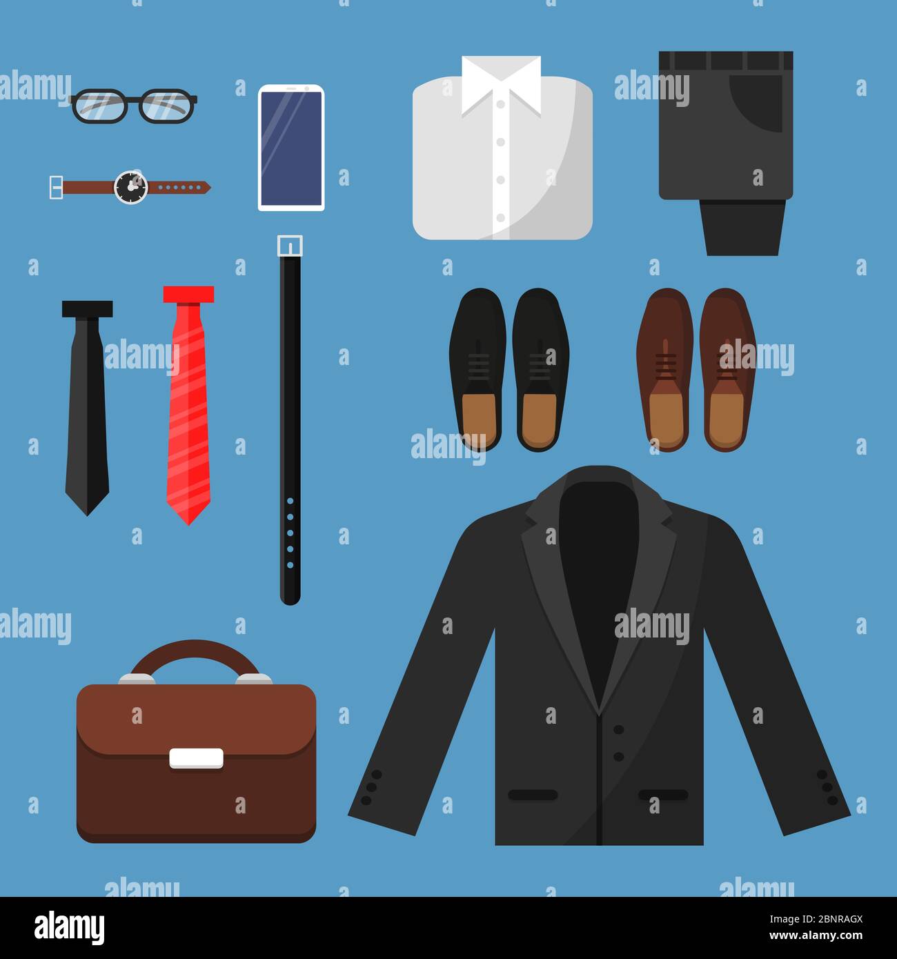 Kleidung für Geschäftsleute. Mode Herren Artikel Hosen Hemd Schuhe Uhren Krawatte Tasche Vektor Ansicht flache Illustrationen Stock Vektor