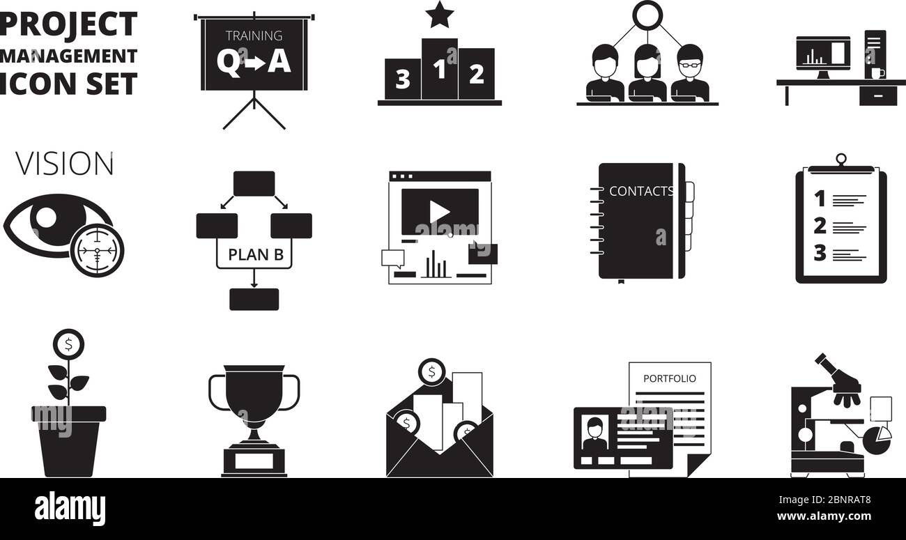 Symbol für Projektmanagement. Arbeitsplanung Büroleiter Produktivität Team verwalten Geschäftsprozesse Vektor schwarze Symbole Stock Vektor