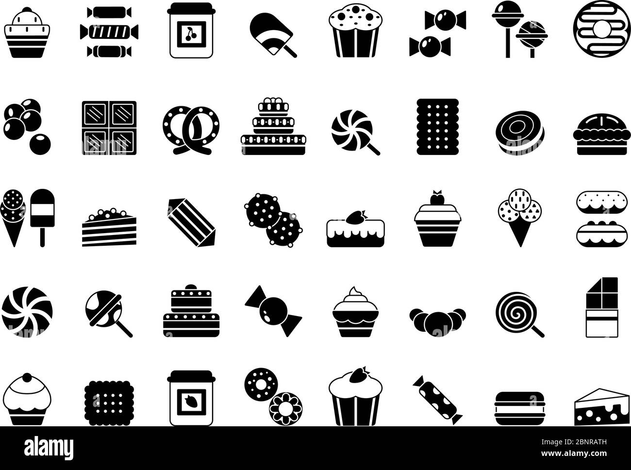 Schwarze Ikone der Süßigkeiten. Süßigkeiten Schokolade Kekse Kuchen Eis und Pfannkuchen monochrome Vektor Silhouetten Stock Vektor