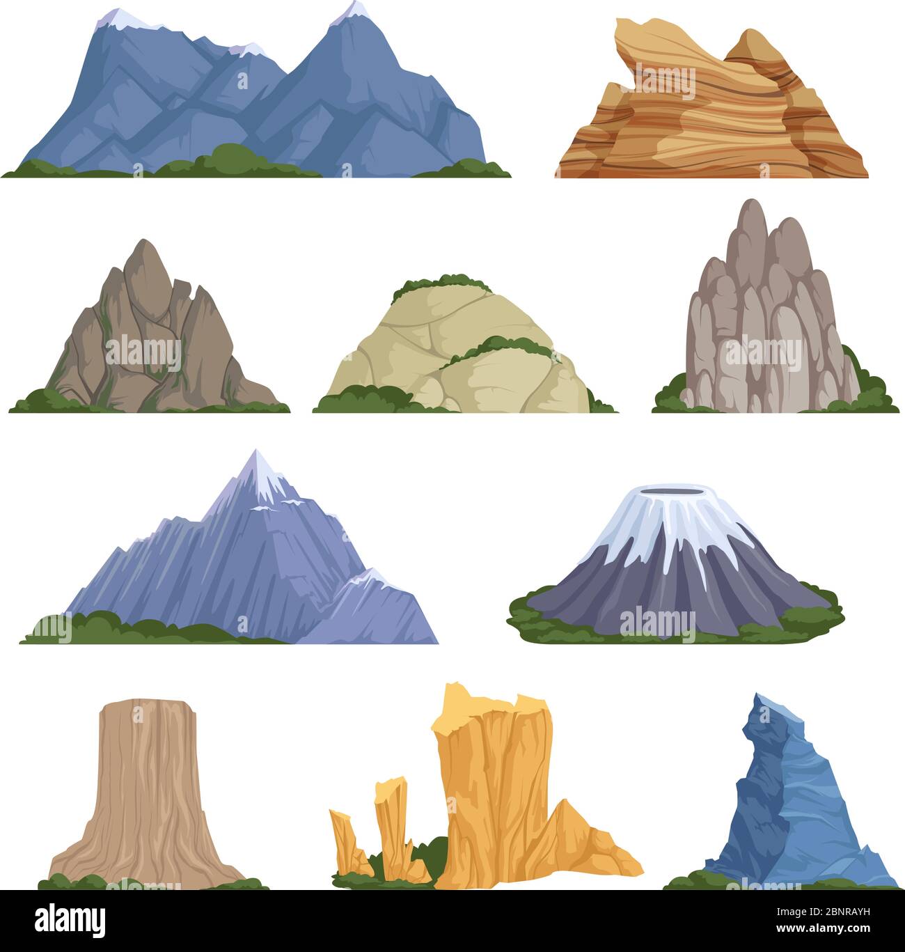 Rockies Mountains. Vulkan Felsen Schnee im Freien verschiedene Arten von Relief für Klettern und Wandern Vektor Cartoon Illustrationen Stock Vektor