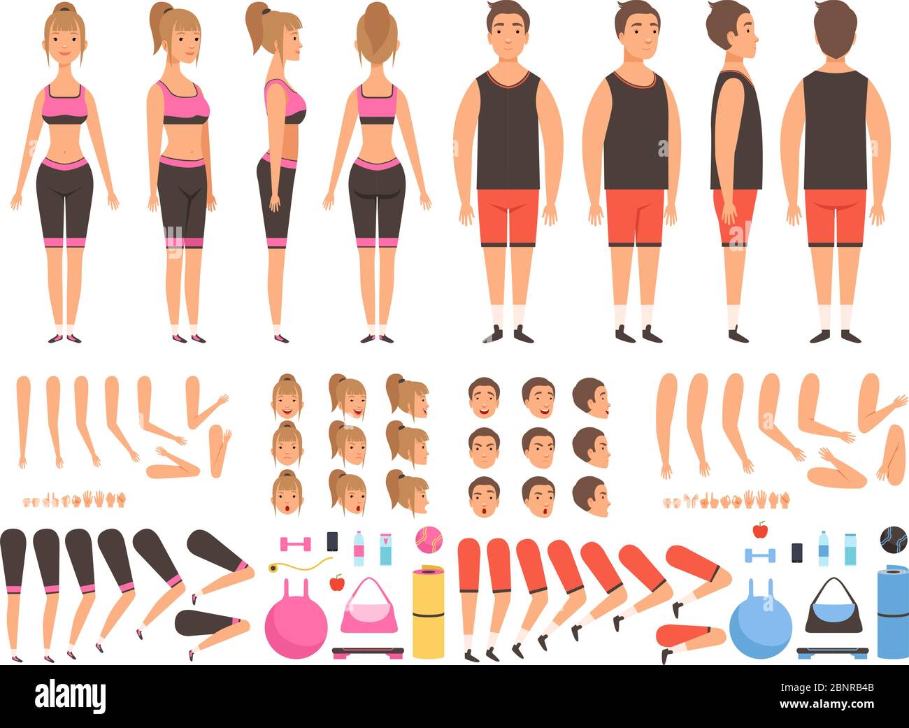 Animation für Sportleute. Fitness männliche und weibliche Workout Maskottchen Körperteile Vektor-Kreation-Kit Stock Vektor