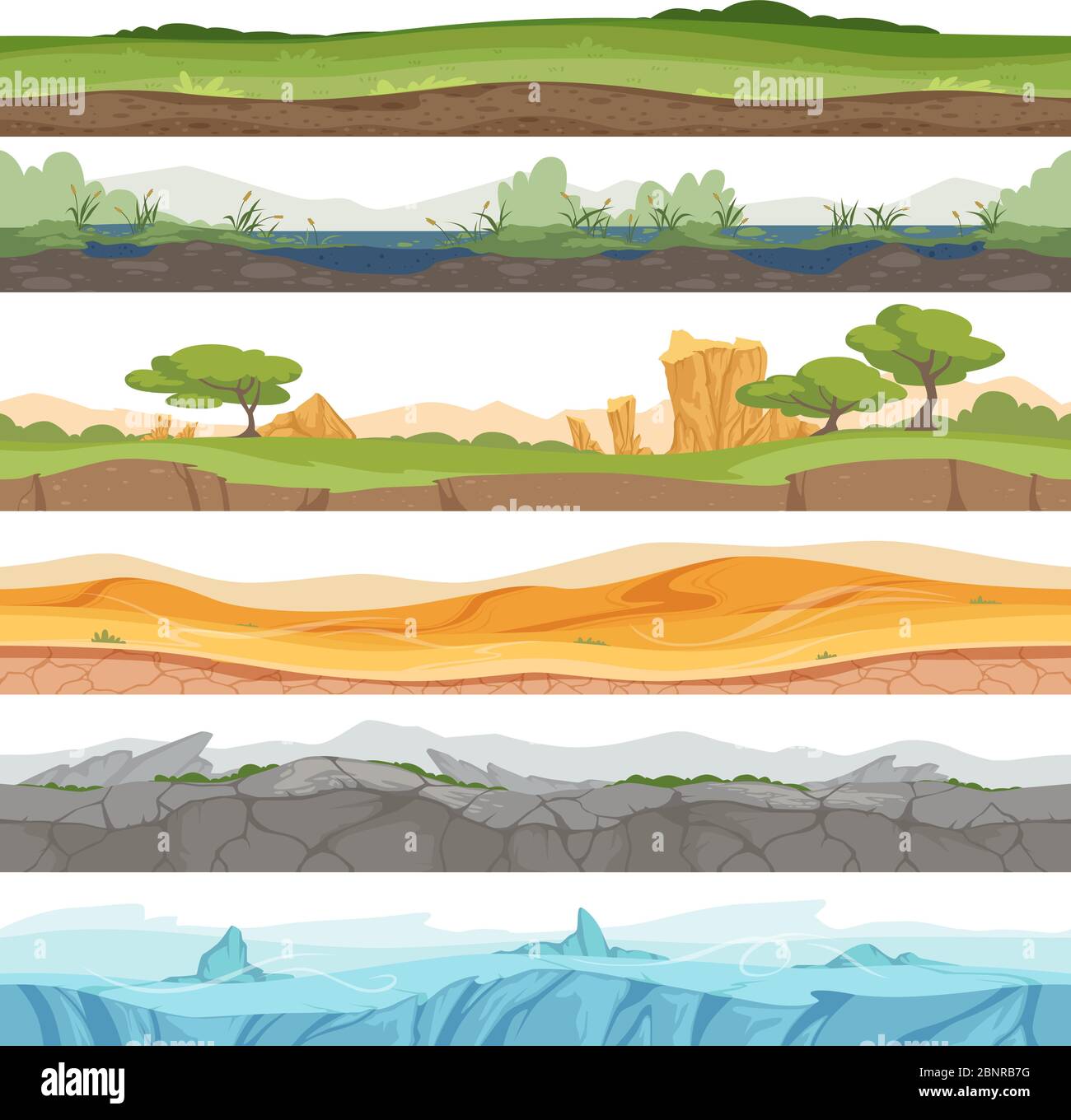 Parallax nahtlose Erde. Spiel Landschaft Eis Gras Wasser Wüste Schmutz Rock Vektor Cartoon Hintergrund Stock Vektor