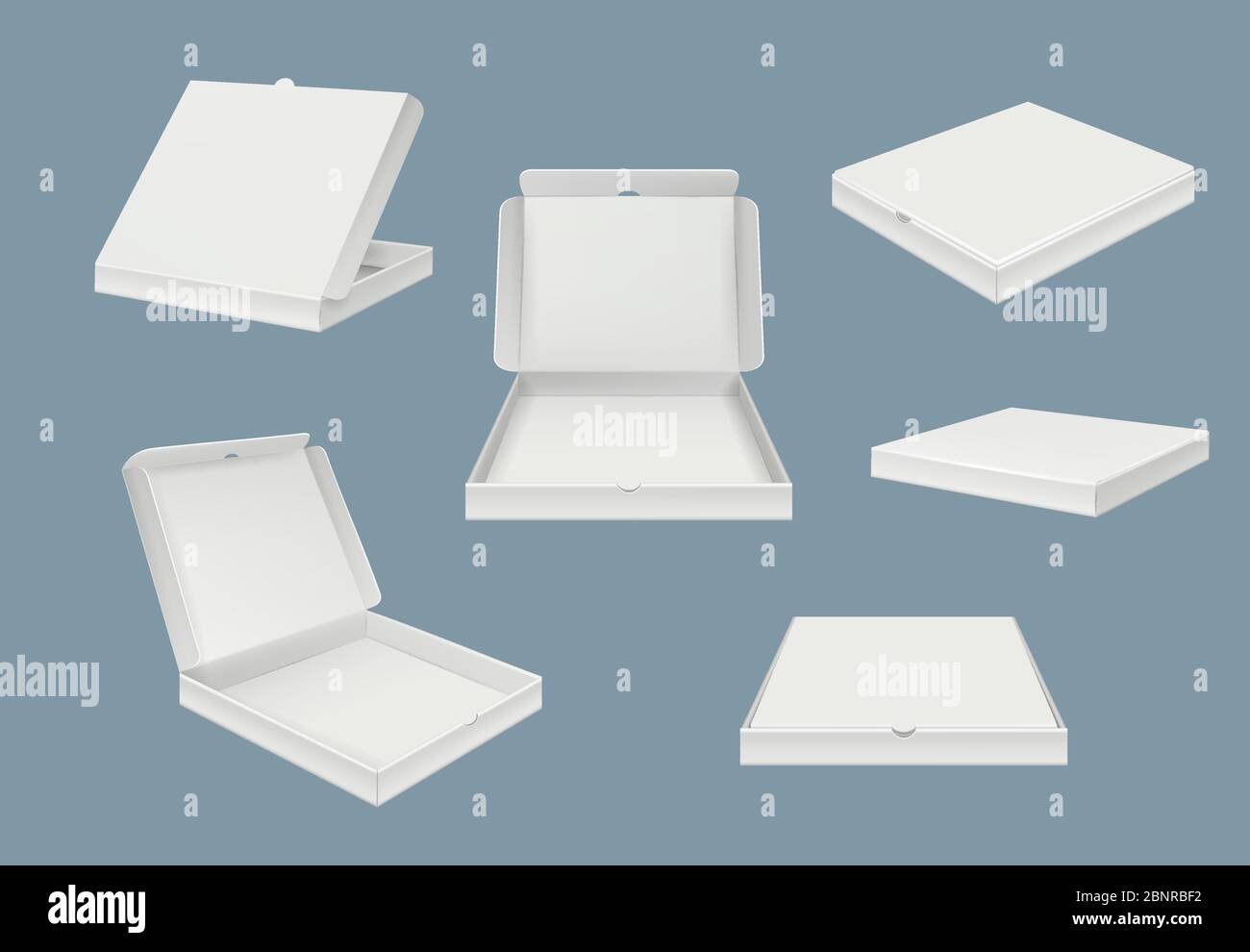 Pizza-Paket Mockup. Schnelle Lieferung Karton offene und geschlossene Box mit verschiedenen Ansichten Vektor realistische Vorlage Stock Vektor