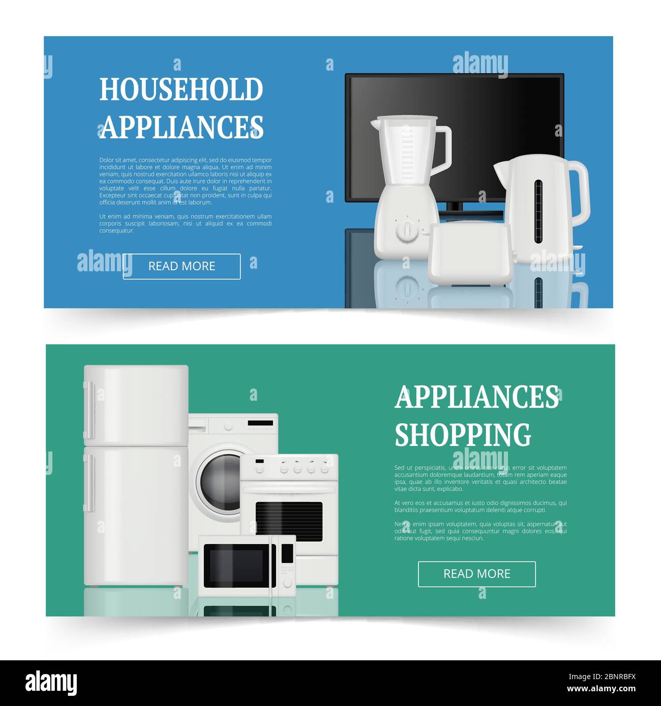 Geräte einkaufen. Werbung für elektrische Haushaltsgeräte Haushaltsgeräte Küche Artikel Vektor realistische Banner Vorlage Stock Vektor