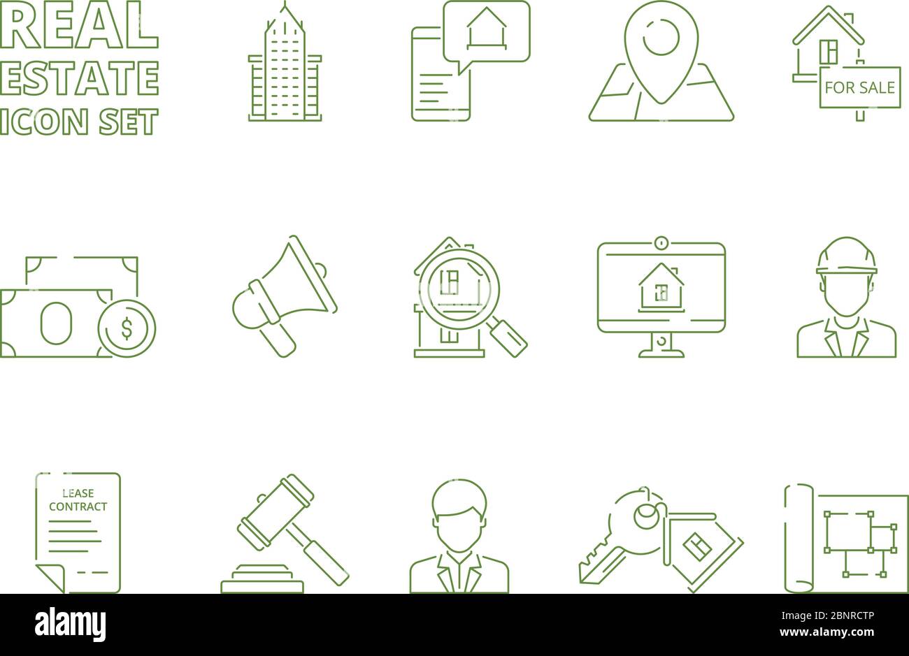 Haus zum Verkauf Symbole. Immobilienmakler mieten oder verkaufen Gebäude immobilien Symbole neue Eigenheimbesitzer Vektor linear dünne Bilder Stock Vektor