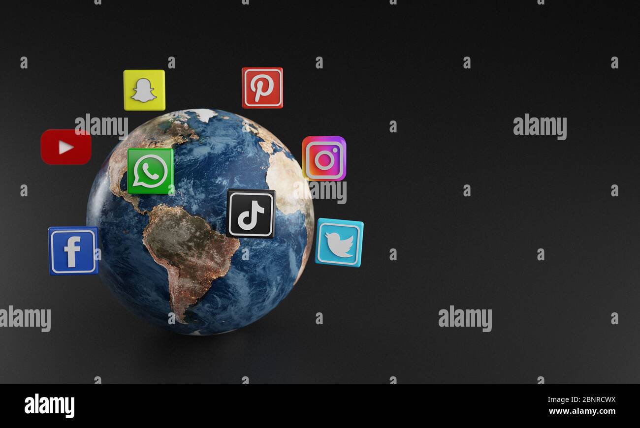 Die Beliebtesten Social Media Logo-Symbol Rund Um Die Erde Stockfoto