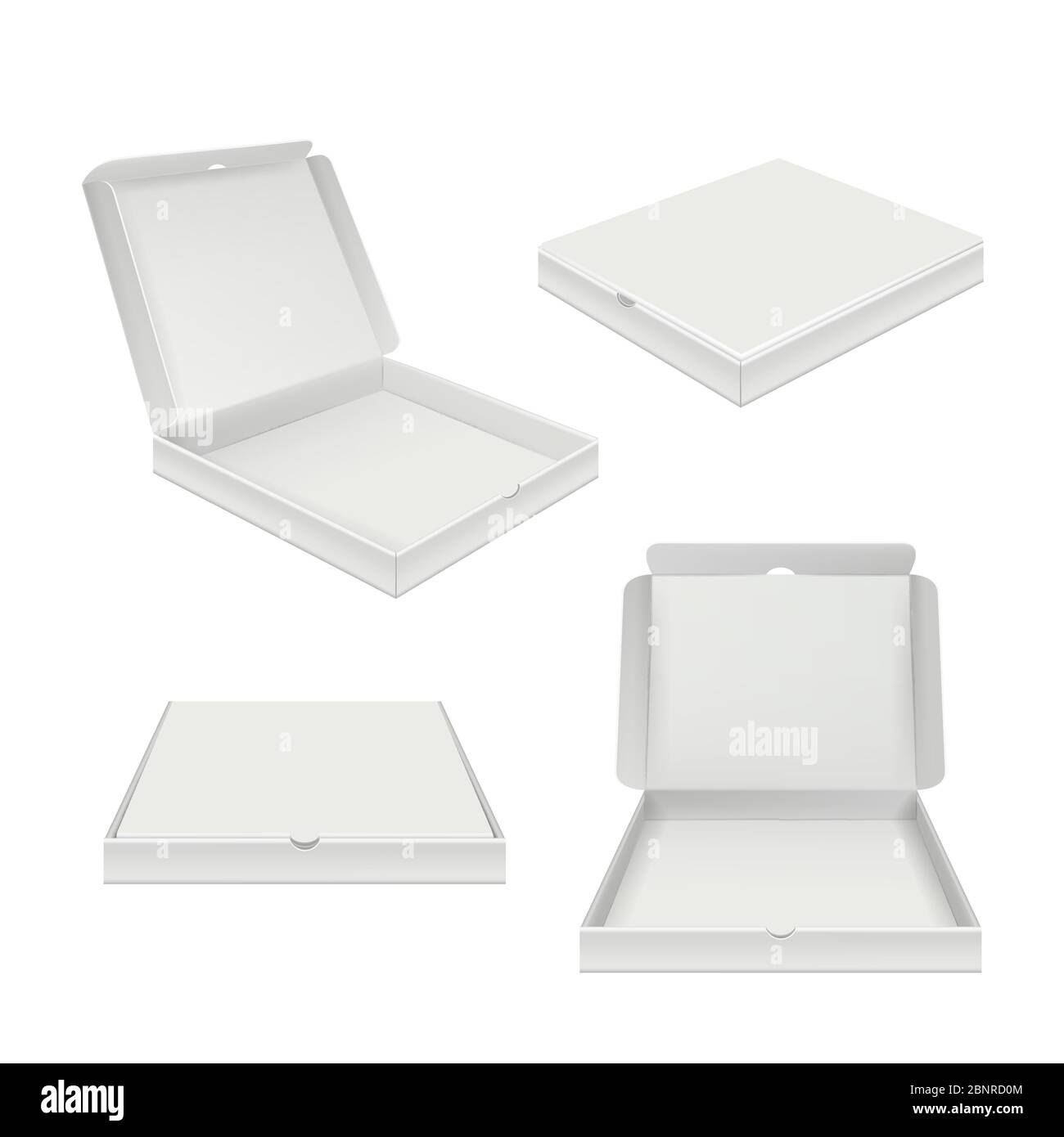 Pizza Box Mockup. Fast Food Produkt Karton leere leere Pakete offen und geschlossen Vektor realistische Bilder verschiedene Ansichten Stock Vektor