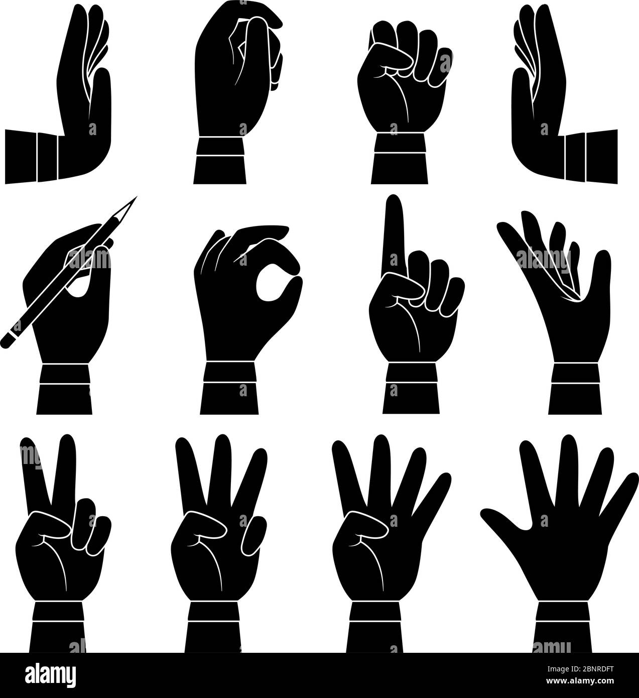 Handgestensammlung. Männliche und weibliche Arme Handflächen und Finger zeigen geben unter Berührung halten Vektor Cartoon Silhouette Stock Vektor