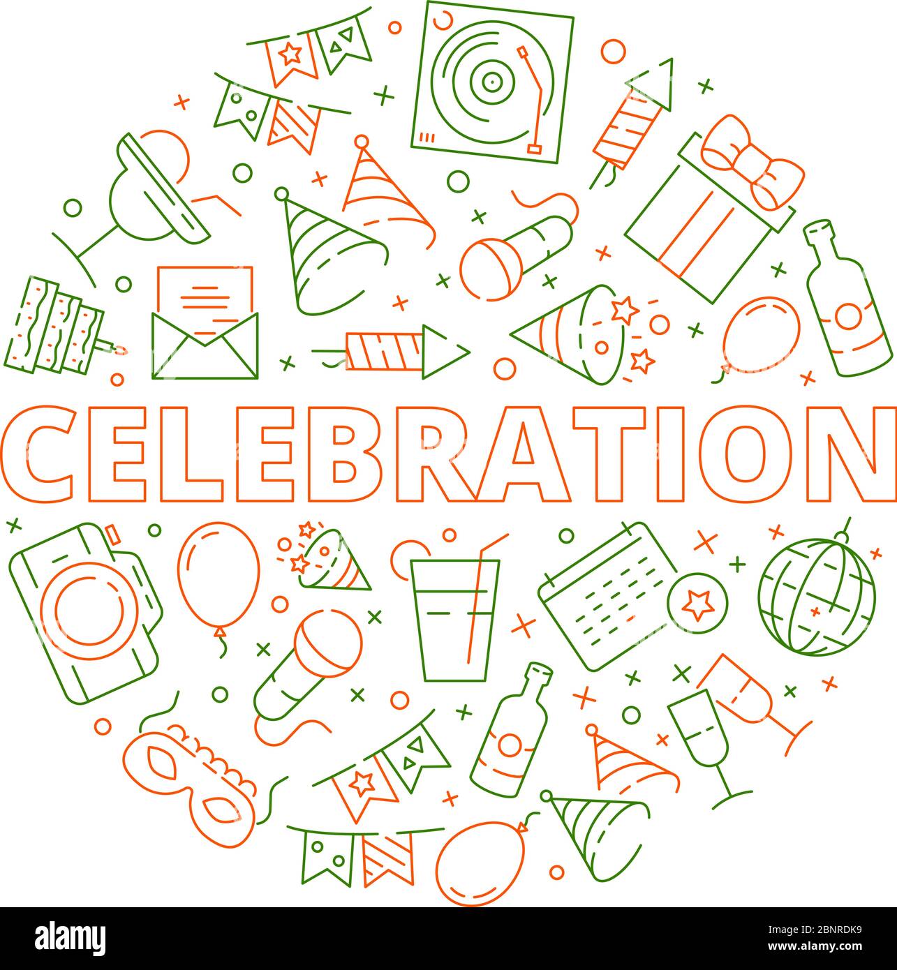 Party-Symbol. Event Geburtstag Feier Symbole in Kreisform Feuerwerk Ballons Kuchen Sterne Vektor Vorlage Stock Vektor