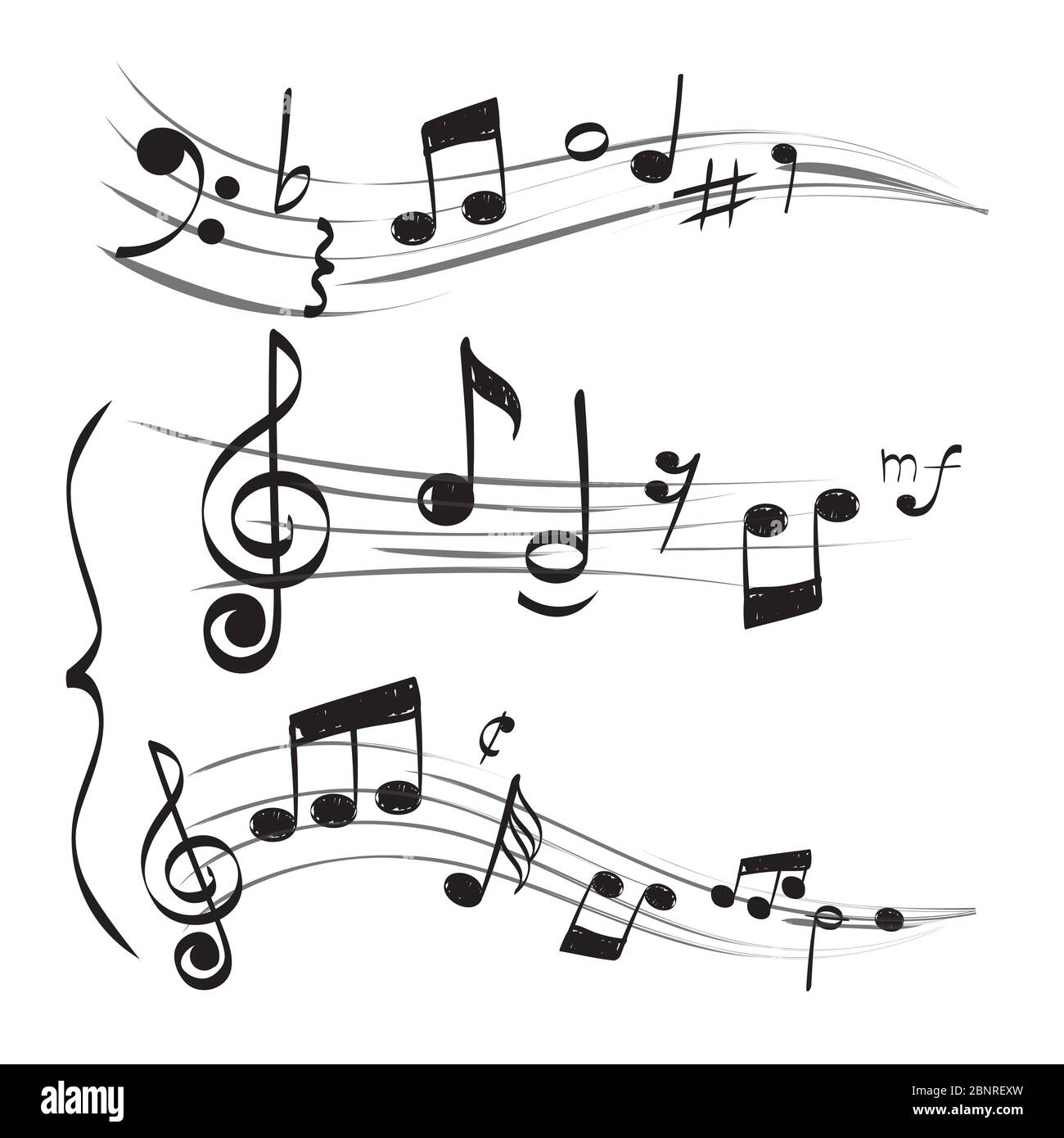 Musikalische Note. Notensystem-Treble-Schlüssel Notizen muzizizier Konzept Vektor Hand gezeichnete Doodle Bilder Stock Vektor