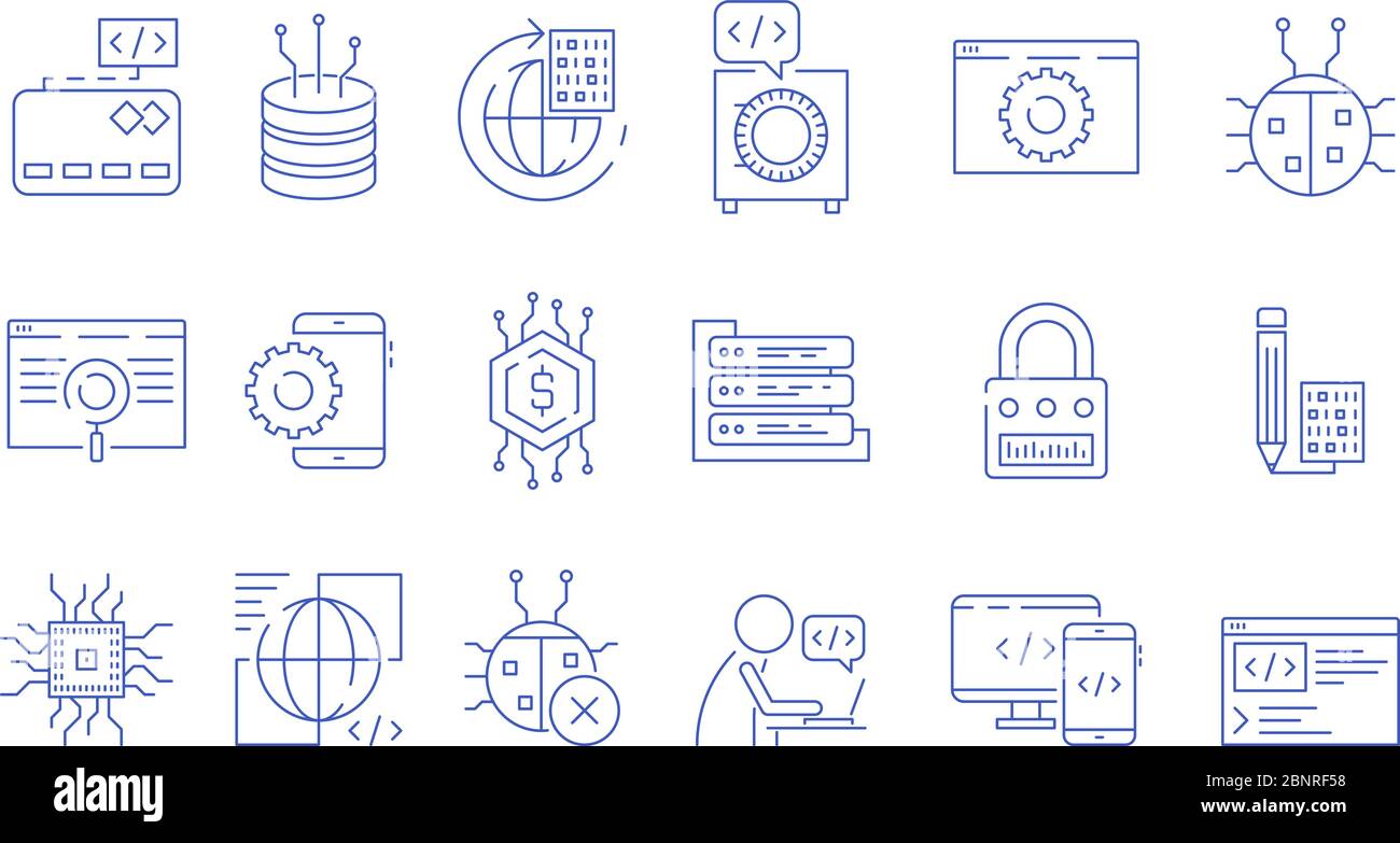 Codiersymbole. Programmierer Computer Software Experten Eingabe endet ausführen Cluster Bugs beheben Testsysteme java Code Vektor Symbole Stock Vektor