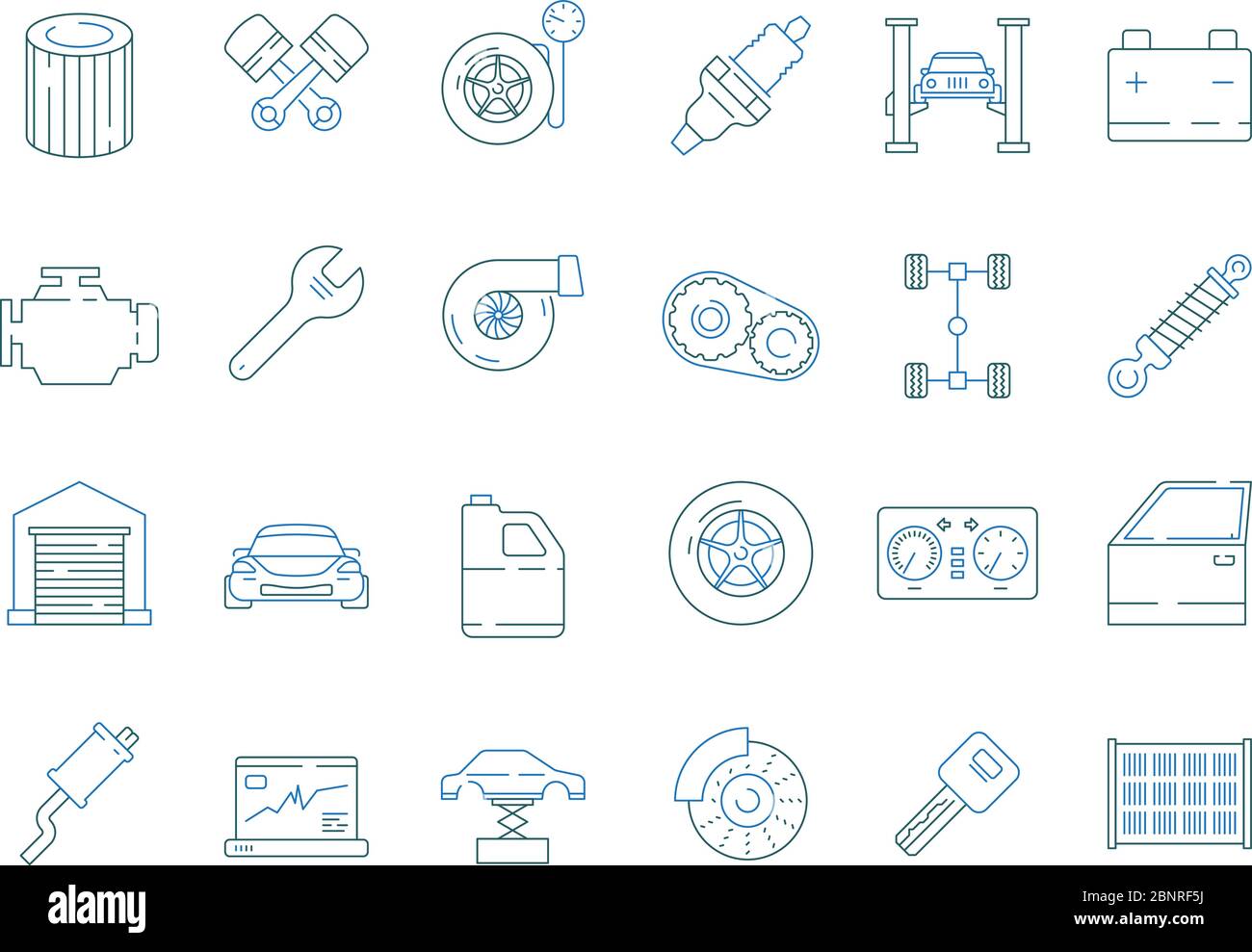 Symbole für die Fahrzeugservice. Automobil-Werkzeuge Teile Auto Mechaniker Details Motor Getriebe Vektor dünne Linie Symbol Sammlung Stock Vektor